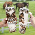 Personalisierte Boho Style Floral Pferd 40oz isoliert Name Becher mit Griff Deckel und Stroh Geburtstag Geschenk für Pferdeliebhaber