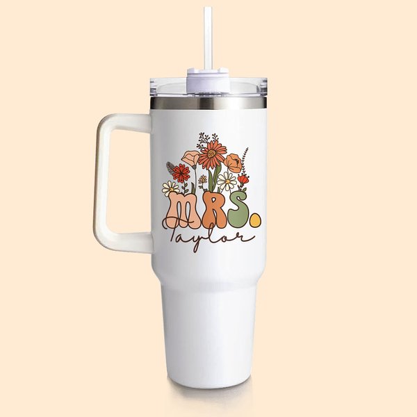 Vaso Personalizado Multicolor Retro Flores Silvestres MRS. Vaso de 40oz Regalo de despedida de soltera de vuelta al cole para mujer