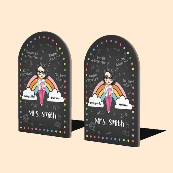 Paire de Serre-Livres en Bois Personnalisée avec Personnage et Nom Motif Arc-en-Ciel Cadeau Remerciement pour Enseignant