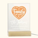Gepersonaliseerd Familie Zal Altijd Verbonden Zijn Door Hart LED Nachtlampje met 1-12 Namen en Houten Basis Housewarming Verjaardag Afscheidscadeau voor Familie