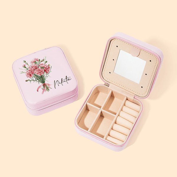 Boîte à Bijoux en Cuir Personnalisée avec Nom et Fleur de Naissance Étui avec Miroir Plusieurs Compartiments Cadeau Mariage Fête pour Femme