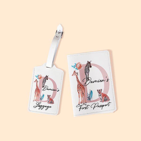 Personalised Multicolour Giraffe Zebra Passport Cover Luggage Tag Set with Name and Initial Birthday Travel Gift for Kid