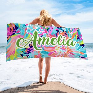Serviette de Plage Personnalisée avec Nom Motif de Vagues Colorées Séchage Rapide Cadeau Anniversaire pour Famille Ami