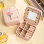 Personalized Birth Flower Bouquet Name Leather Jewelry Box with Mirror Multiple Compartments Bridal Shower Wedding Party Gift for Her