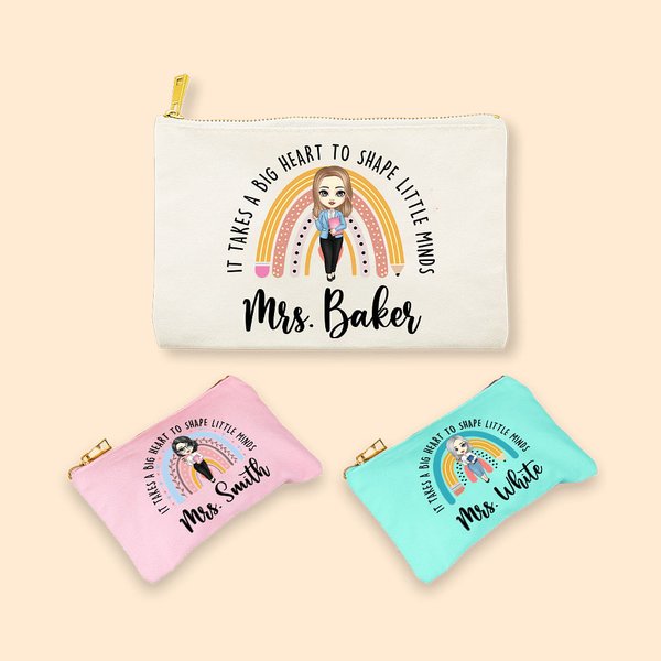 Personalisierte große Herzform kleine Köpfe Bleistift Apfel Regenbogen Cartoon Canvas Makeup Tasche mit Namen Wertschätzung zurück zu Schule Geschenk 
