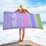 Personlig färgglad överdimensionerad snabbtorkande randig strandhandduk med namn Summber semester väsentlig present för kvinnor män