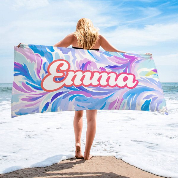 Serviette de Plage Personnalisée avec Nom Style Floral Coloré Linge Séchage Rapide Cadeau Anniversaire pour Famille Ami