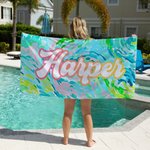 Serviette de Plage Personnalisée avec Nom Style Floral Coloré Linge Séchage Rapide Cadeau Anniversaire pour Famille Ami
