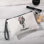 Sac de Maquillage Personnalisé avec Nom et Fleur de Naissance Motif Séthoscope Bracelet Détachable Cadeau pour Infirmière Personnel Médical