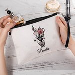 Sac de Maquillage Personnalisé avec Nom et Fleur de Naissance Motif Séthoscope Bracelet Détachable Cadeau pour Infirmière Personnel Médical