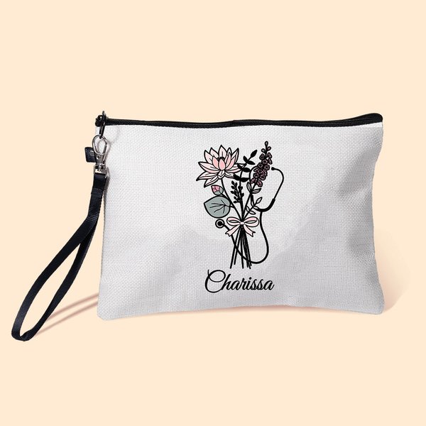 Sac de Maquillage Personnalisé avec Nom et Fleur de Naissance Motif Séthoscope Bracelet Détachable Cadeau pour Infirmière Personnel Médical