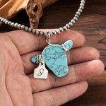 Personalised Retro Navajo Style Western Cow Dyed Stone Necklace with Engraved Initial Tag Birthday Gift for Cowboy Cowgirl