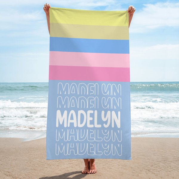 Personalisierte bunte überdimensionale schnell trocknende gestreifte Strandtuch mit Namen Summber Urlaub Essentials Geschenk für Frauen Männer