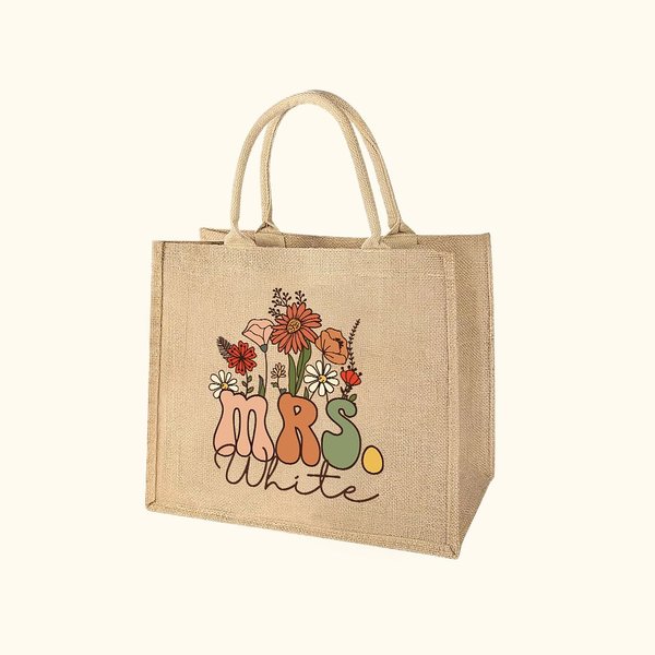 Gepersonaliseerde Retro Wildflower Mrs Jute tas met naam Bruids Shower Teacher Waardering Gift voor vrouwen