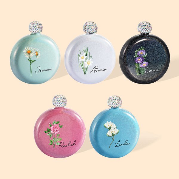 Personalizado Nacimiento Flor Glitter Ronda 5oz Frasco portátil con tapa de diamantes de imitación y el nombre de cumpleaños de la novia del partido d