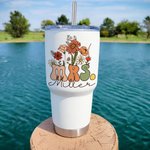 Vaso Personalizado Multicolor Retro Flores Silvestres MRS. Vaso de 30oz con pajita y cepillo Regalo de despedida de soltera Vuelta al cole para mujer