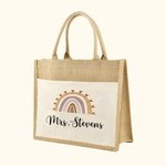 Grand Sac en Toile de Jute Personnalisé avec Nom Motif Arc-en-Ciel Cadeau Rentrée Scolaire pour Enseignant