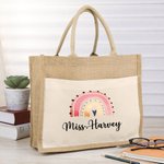Grand Sac en Toile de Jute Personnalisé avec Nom Motif Arc-en-Ciel Cadeau Rentrée Scolaire pour Enseignant