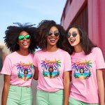 Personalised Colourful Summer Vibes Coconut Tree Cartoon 100% Cotton T-Shirt with Name Holiday Beach Party Gift for Women Girls