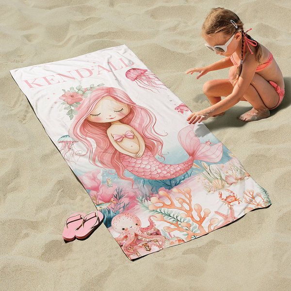 Personalized Sea World Cute Mermaid Super Absorbent Quick Dry Beach Towel with Name Beach Vacation Accessories Gift for Her