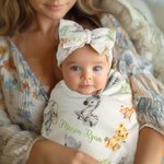 Personalized Cute Woodland Animals Baby Receiving Blanket Swaddle Hat Bow Headband with Name Coming Home Outfit Baby Shower Gift for Newborns