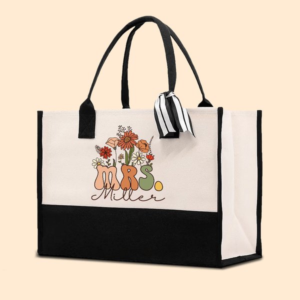 Personalized Retro Wildflowers Mrs Canvas Tote Bag with Name and Waterproof Liner Bridal Shower Teacher Appreciation Gift for Women
