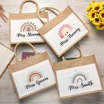 Grand Sac en Toile de Jute Personnalisé avec Nom Motif Arc-en-Ciel Cadeau Rentrée Scolaire pour Enseignant