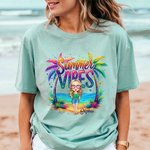 Personalised Colourful Summer Vibes Coconut Tree Cartoon 100% Cotton T-Shirt with Name Holiday Beach Party Gift for Women Girls