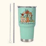 Vaso Personalizado Multicolor Retro Flores Silvestres MRS. Vaso de 30oz con pajita y cepillo Regalo de despedida de soltera Vuelta al cole para mujer