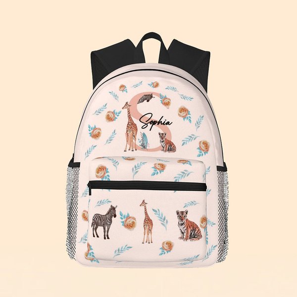 Sac à Dos Personnalsié avec Nom et Initiale Style Girafe Zèbre Tigre Cadeau Anniversaire Rentrée Scolaire pour Garçon Fille