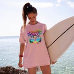 Personalised Colourful Summer Vibes Coconut Tree Cartoon 100% Cotton T-Shirt with Name Holiday Beach Party Gift for Women Girls