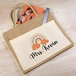 Grand Sac en Toile de Jute Personnalisé avec Nom Motif Arc-en-Ciel Cadeau Rentrée Scolaire pour Enseignant