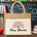 Grand Sac en Toile de Jute Personnalisé avec Nom Motif Arc-en-Ciel Cadeau Rentrée Scolaire pour Enseignant