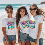 Personalised Colourful Summer Vibes Coconut Tree Cartoon 100% Cotton T-Shirt with Name Holiday Beach Party Gift for Women Girls