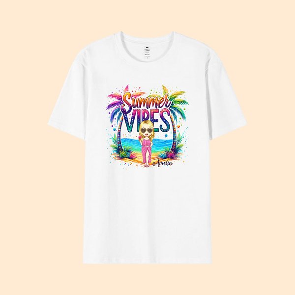 Personalised Colourful Summer Vibes Coconut Tree Cartoon 100% Cotton T-Shirt with Name Holiday Beach Party Gift for Women Girls