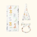 Personalized Cute Woodland Animals Baby Receiving Blanket Swaddle Hat Bow Headband with Name Coming Home Outfit Baby Shower Gift for Newborns