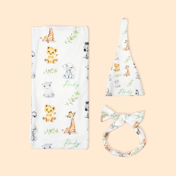 Personalized Cute Woodland Animals Baby Receiving Blanket Swaddle Hat Bow Headband with Name Coming Home Outfit Baby Shower Gift for Newborns