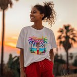 Personalised Colourful Summer Vibes Coconut Tree Cartoon 100% Cotton T-Shirt with Name Holiday Beach Party Gift for Women Girls