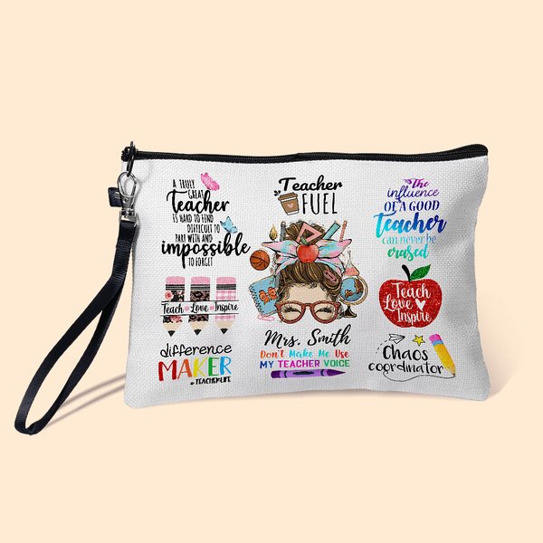 Gepersonaliseerde Schattige Vrouw Cartoon Make-up Bag met Naam Terug naar School Waardering Gift voor Leraar