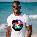 Personalised Cartoon Beach Sunset Palm Tree 100% Cotton Unisex T-Shirt with Birth Flower and Name Summer Holiday Beach Party Gift for Women Men