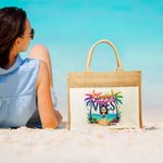 Personalised Summer Vibes Cartoon Character Large Jute Tote Bag with Name and Cotton Pocket Beach Wedding Party Favor Gift for Women