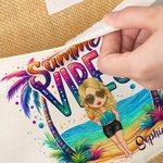 Personalised Summer Vibes Cartoon Character Large Jute Tote Bag with Name and Cotton Pocket Beach Wedding Party Favor Gift for Women