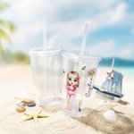 Personalized Cartoon Women Birth Flower 16oz Acrylic Insulated Tumbler with Name Lid and Straw Beach Vacation Wedding Party Gift for Her