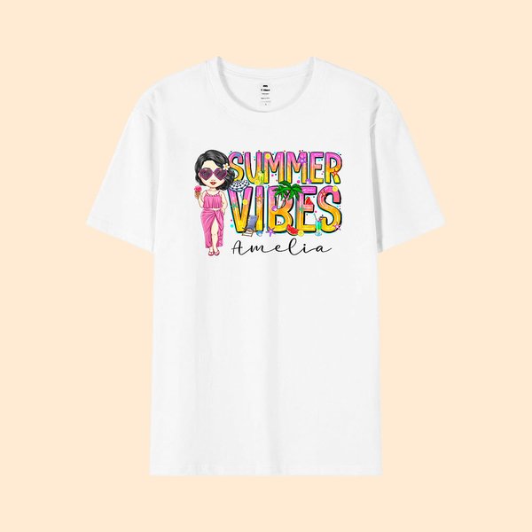 Personalized Summer Vibes Colourful Letter Cartoon 100% Cotton T-shirt with Name Beach Party Vacation Gift for Girls Women