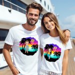 Personalised Cartoon Beach Sunset Palm Tree 100% Cotton Unisex T-Shirt with Birth Flower and Name Summer Holiday Beach Party Gift for Women Men