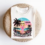 Personalized Cartoon Summertime Beach Sunset Palm Tree 100% Cotton T-shirt with Name Vacation Party Gift for Girls Women