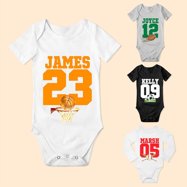 Body personalizzato da calcio e basket a tema sportivo in 100% cotone con nome e numero Regalo di compleanno per la festa del bebè per i neonati