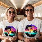 Personalised Cartoon Beach Sunset Palm Tree 100% Cotton Unisex T-Shirt with Birth Flower and Name Summer Holiday Beach Party Gift for Women Men