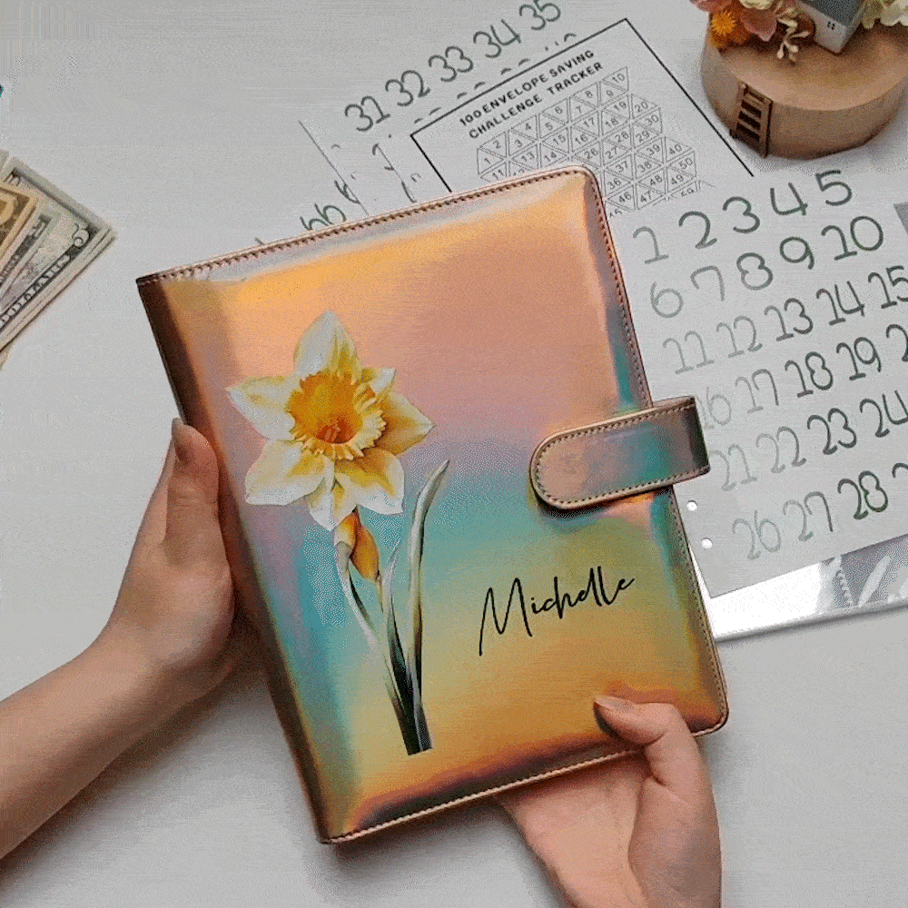 Personalisierter Mehrfarbiger Geldspar-Challenge A5 Binder mit Geburtsblume Namen 100 Umschläge Budget Planer Ringbuch Geburtstag Geschenk für Familie
