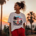Personalized Cartoon Summertime Beach Sunset Palm Tree 100% Cotton T-shirt with Name Vacation Party Gift for Girls Women